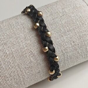 Lucky Brand Braided Leather Charm Bracelet Gold Beads Tigers Eye NEW Boho Earthy